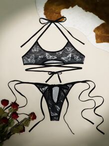 ROMWE Butterfly Graphic Lace Up Lingerie Set - Black - View 1