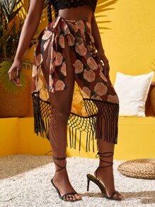 SHEIN Slayr Allover Floral Knot Side Fringe Hem Skirt - Multicolor - View 5