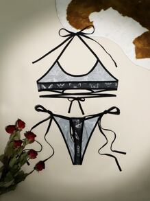 ROMWE Butterfly Graphic Lace Up Lingerie Set - Black - View 2