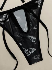 ROMWE Butterfly Graphic Lace Up Lingerie Set - Black - View 3