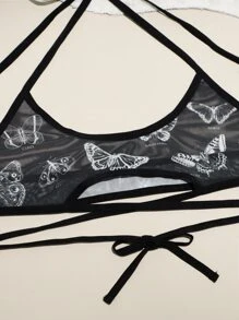 ROMWE Butterfly Graphic Lace Up Lingerie Set - Black - View 4