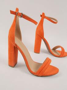 Women Minimalist Chunky Heeled Ankle Strap Sandals, Fashion Summer Faux Suede Heeled Sandals - Orange - View 4