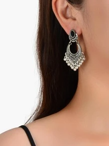 Round Ball Tassel Drop Earrings - Antique Silver - View 1