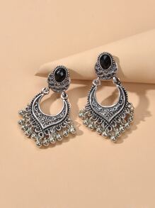 Round Ball Tassel Drop Earrings - Antique Silver - View 3