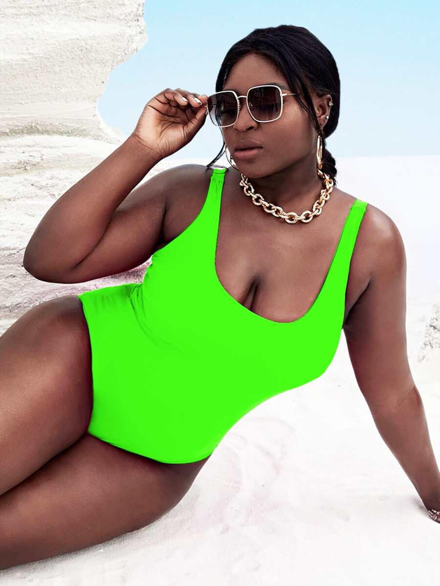 SHEIN Swim Curve Traje de baño de una sola pieza de Neon Plus para la playa del verano - Verde Lima - Ver 1