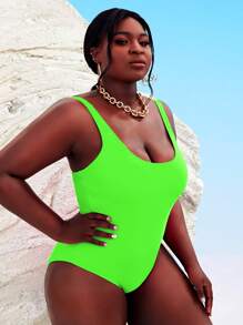SHEIN Swim Curve Traje de baño de una sola pieza de Neon Plus para la playa del verano - Verde Lima - Ver 4