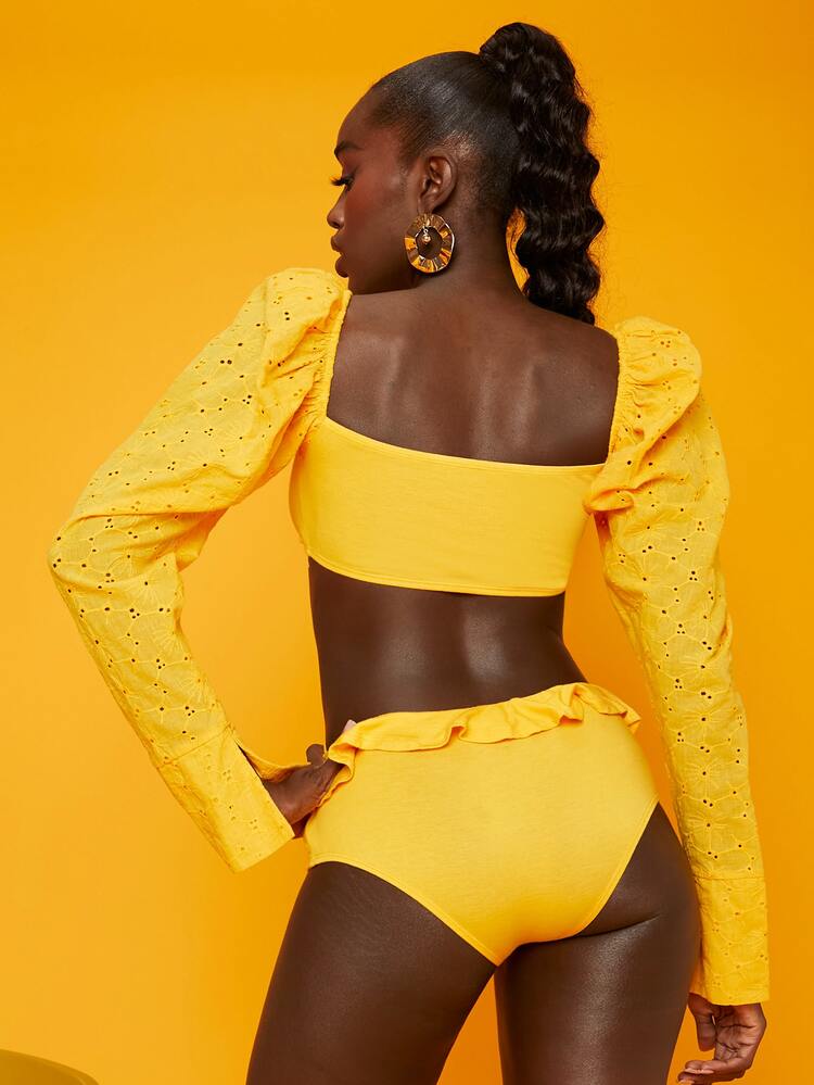 Sweetheart Neck Eyelet Embroidery O-ring Cut-out Bodysuit