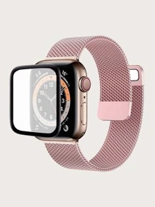 Dây đeo đồng hồ bằng thép không gỉ 1pc & Phim bảo vệ màn hình 1pc tương thích với Apple Watch - Hồng - Xem 1