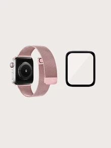 Dây đeo đồng hồ bằng thép không gỉ 1pc & Phim bảo vệ màn hình 1pc tương thích với Apple Watch - Hồng - Xem 2