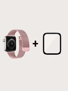Dây đeo đồng hồ bằng thép không gỉ 1pc & Phim bảo vệ màn hình 1pc tương thích với Apple Watch - Hồng - Xem 3