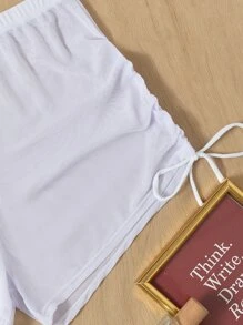 SHEIN Swim Summer Beach Mesh Drawstring Cover Up Shorts - White - View 3