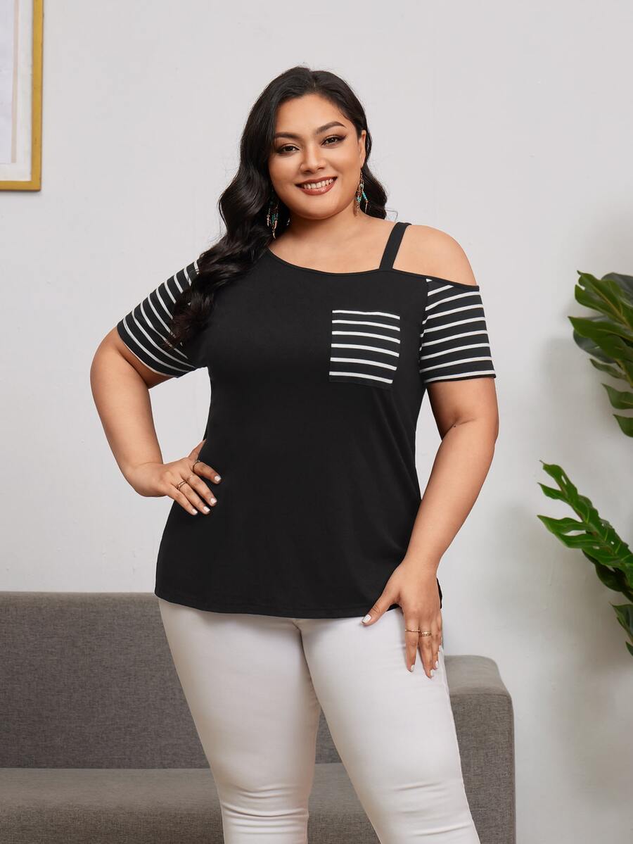 SHEIN Unity 大碼條紋印花不對稱領T恤 - 黑色 - 查看 1