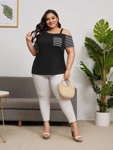 SHEIN Unity 大碼條紋印花不對稱領T恤 - 黑色 - 查看 3