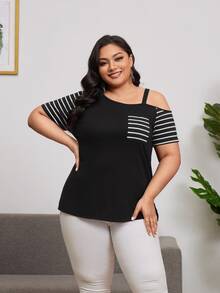 SHEIN Unity 大碼條紋印花不對稱領T恤 - 黑色 - 查看 5