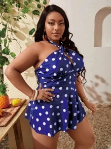 大碼波點圖案泳衣連衣裙帶泳衣下裝 - 寶藍色 - 查看 3