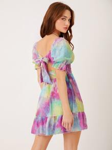 Vestido de tie dye bajo con fruncido con bordado con ojal - Multicolor - Ver 2