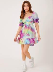 Vestido de tie dye bajo con fruncido con bordado con ojal - Multicolor - Ver 3