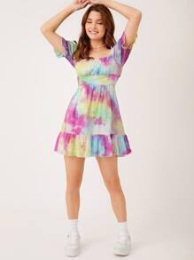 Vestido de tie dye bajo con fruncido con bordado con ojal - Multicolor - Ver 5