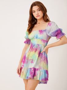 Vestido de tie dye bajo con fruncido con bordado con ojal - Multicolor - Ver 6