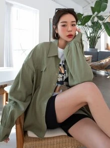 DAZY Áo sơ mi Chất rắn Thả vai Túi có nắp - xanh quân đội - Xem 1