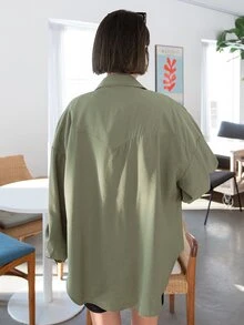 DAZY Áo sơ mi Chất rắn Thả vai Túi có nắp - xanh quân đội - Xem 2