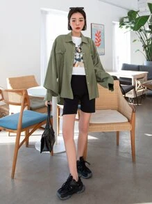 DAZY Áo sơ mi Chất rắn Thả vai Túi có nắp - xanh quân đội - Xem 3