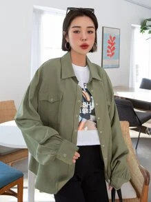 DAZY Áo sơ mi Chất rắn Thả vai Túi có nắp - xanh quân đội - Xem 4