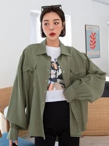 DAZY Áo sơ mi Chất rắn Thả vai Túi có nắp - xanh quân đội - Xem 5