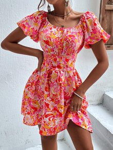 大圓領印花交叉繫腰帶連衣裙 - 彩色 - 查看 3