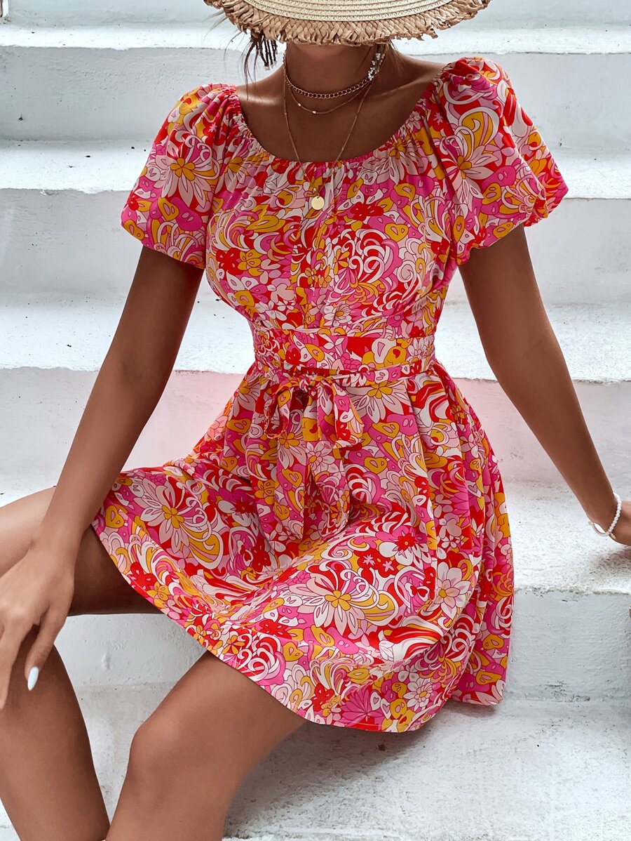 大圓領印花交叉繫腰帶連衣裙 - 彩色 - 查看 1