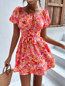 大圓領印花交叉繫腰帶連衣裙 - 彩色 - 查看 6