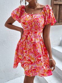 大圓領印花交叉繫腰帶連衣裙 - 彩色 - 查看 2