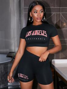 SHEIN VaVaLuxe Bộ đồ hai mảnh nữ Lá thư Giải trí - màu đen - Xem 1