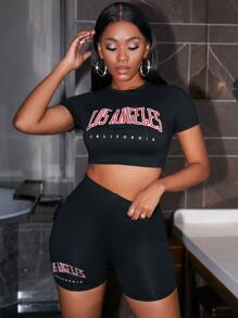 SHEIN VaVaLuxe Bộ đồ hai mảnh nữ Lá thư Giải trí - màu đen - Xem 4