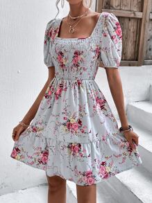 Vestido Bajo con volante Fruncido Floral Bohemio - Multicolor - Ver 2