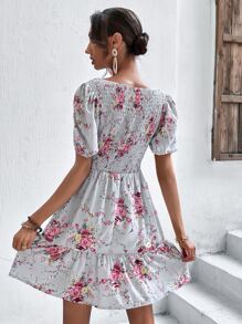 Vestido Bajo con volante Fruncido Floral Bohemio - Multicolor - Ver 3