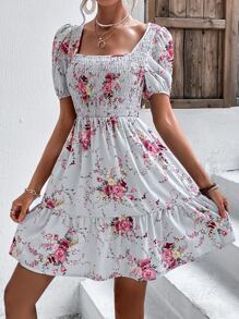 Vestido Bajo con volante Fruncido Floral Bohemio - Multicolor - Ver 1