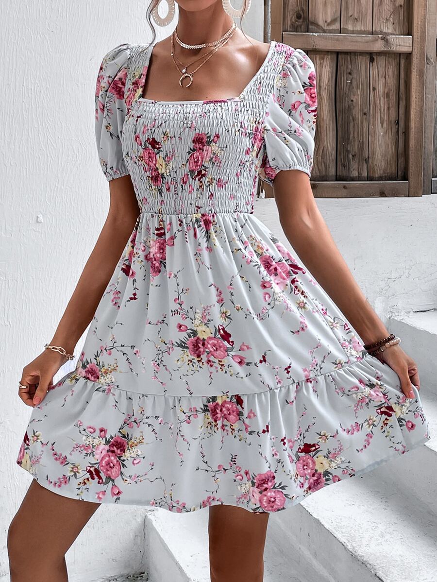 Vestido Bajo con volante Fruncido Floral Bohemio - Multicolor - Ver 1