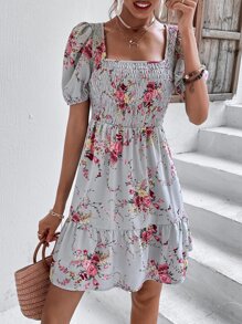 Vestido Bajo con volante Fruncido Floral Bohemio - Multicolor - Ver 5