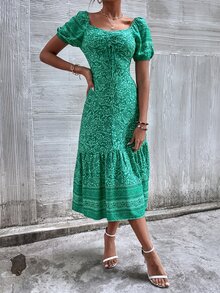 SHEIN Unity Vestido con estampado de paisley de manga farol bajo con fruncido - Verde - Ver 5