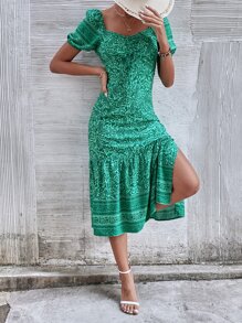 SHEIN Unity Vestido con estampado de paisley de manga farol bajo con fruncido - Verde - Ver 1