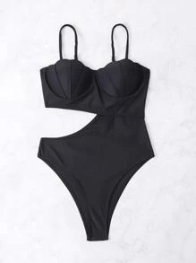 SHEIN Swim Phụ nữ một mảnh Cắt ra Sò điệp màu trơn Gợi cảm - màu đen - Xem 3