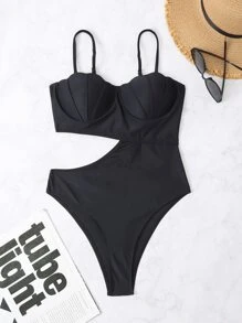 SHEIN Swim Phụ nữ một mảnh Cắt ra Sò điệp màu trơn Gợi cảm - màu đen - Xem 5