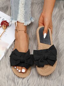 女士蝴蝶結裝飾帶拖鞋,時尚露趾平底涼鞋適用於度假 - 黑色 - 查看 1