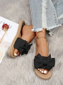女士蝴蝶結裝飾帶拖鞋,時尚露趾平底涼鞋適用於度假 - 黑色 - 查看 4