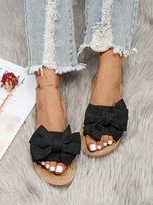 女士蝴蝶結裝飾帶拖鞋,時尚露趾平底涼鞋適用於度假 - 黑色 - 查看 5