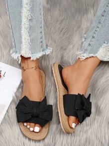 女士蝴蝶結裝飾帶拖鞋,時尚露趾平底涼鞋適用於度假 - 黑色 - 查看 6
