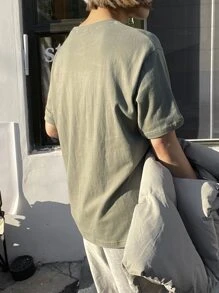 DAZY 標語圖案落肩T恤 - 軍綠色 - 查看 5