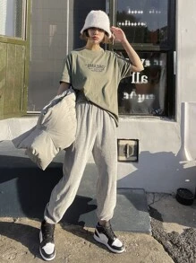 DAZY 標語圖案落肩T恤 - 軍綠色 - 查看 4