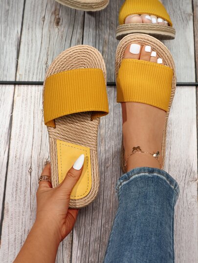 Women's Yellow Fashion Solid Color Flat Slippers With Simple Ribbed Straps